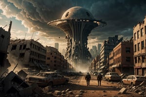 apocalyptic scene of a city destroyed by aliens, very detailed, dramatic, 