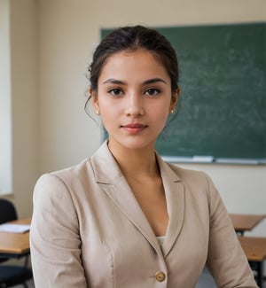 The picture captures a portrait of an elegant  very young latin woman ,

classroom background