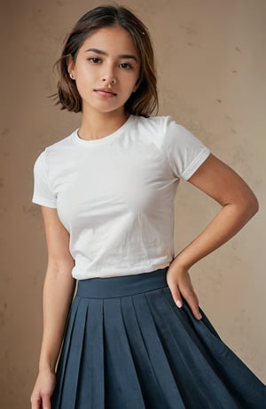 The picture captures a portrait of an elegant  very young latin girl ,

A graphic t-shirt tucked into a pleated midi skirt, 

half body, close up,

She strikes a pose exuding confidence and style. 

The photograph primarily accentuates her fashionable ensemble and striking presence, rendering the image both appealing and captivating. Highly details, soft skin, soft lighting
