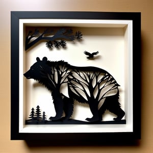 3D papercut shadow box of 1 bear, layered, dimensional, depth, silhouette, shadow, papercut, handmade, high contrast