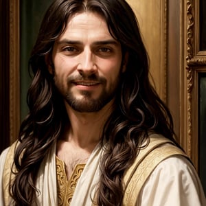 
Create a portrait of Jesus of Nazareth, mature man, barbarian, pale skin, evil glance, brunette, 16th century, old master oil painting, perfect composition, filigree, sharp colors, hyperrealism, detail, dynamic light, cinematic light, unfocused background, bouguereau, smile, happy