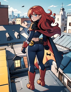 Batgirl, centered, full body, where black cowl and cape | long red hair from the back of her cowl, light blue eyes, | on a rooftop, use a Batarang, yellow bat symbol on the chest, yellow utility belt, gloves, and boots |