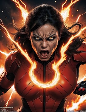 A Photograph capturing a woman's explosive fury in a comic book style. Show her intense anger radiating from her body as energy bolts crackle around her, her eyes ablaze with fiery rage. Use dynamic lines, bold colors, and exaggerated facial expressions to convey the intensity of her wrath.