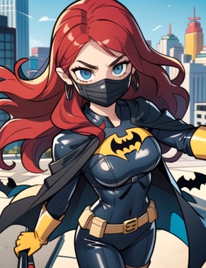 Batgirl, centered, (full black leather body suit, yellow bat symbol across the chest),  (black domino mask covers her upper face:1.2), a long black cape | (long red hair:1.5), light blue eyes, | on a rooftop, prepares to throw a Batarang, yellow utility belt, yellow gloves, and yellow boots