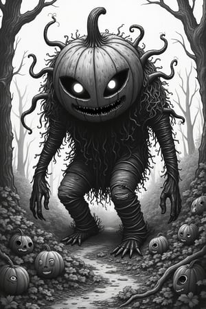  in the style of Junji Ito. A haunting black and white illustration depicts a dark figure emerging from a Pumpkin patch shrouded in vines, leaves, and roots. A grotesque pumpkin head, oversized and distorted, glows with eyes that emit thick streams of smoke. The creature's human-like body is twisted, with impossibly long legs clad in torn clothing and a torso wrapped in vines. Tentacles emerge from its back, some ending in additional eyes or mouths filled with sharp teeth. Meticulous cross-hatching and intricate line work create depth and texture against the stark contrast of deep blacks and whites, evoking an atmosphere of cosmic horror and the corruption of knowledge as the figure emerges from the Pumpkin patch.