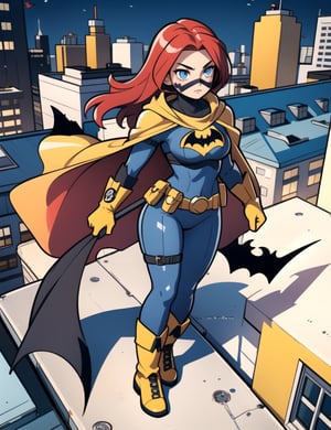Batgirl, centered, full body suit, wears black cowl, domino mask, and cape | long red hair, light blue eyes, | on a rooftop, throws a Batarang, bat symbol on the chest, yellow utility belt, yellow gloves, and yellow boots |