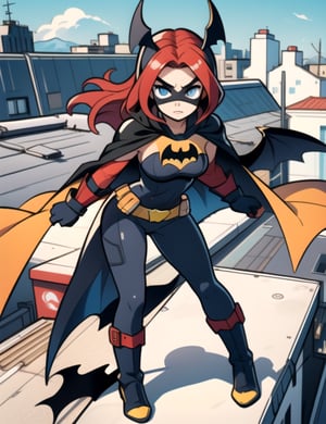 Batgirl, centered, full body suit, wears a black domino mask over her eyes, and a long black cape | long red hair, light blue eyes, | on a rooftop, prepares to throw a Batarang, bat symbol across the chest, yellow utility belt, yellow gloves, and yellow boots
