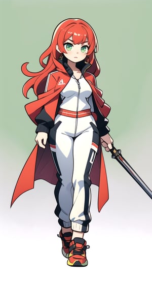 centered, full body, | red hair color, light green eyes, | girl in a tracksuit, large sword, wears a long cape |