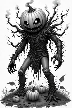 Eerie black and white illustration. A dark figure emerges out of a Pumpkin patch, draped with vines, leaves and roots from the grounds. It's head, an distorted pumpkin is oversized beyond being normal, so much that it defies logic. Eyes glow with thick streams of smoke rising out of them.
The creature's body is human-like but distorted, with impossibly long, spindly legs clad torn clothing. The torso is wrapped in a vines. A mass of writhing vine-like tentacles and eyes emerges from behind it's back.
The tentacles extend outward. Some tentacles end in additional eyes or mouths filled with sharp teeth.
Meticulous cross-hatching and intricate line work create depth and texture. Strong contrast between deep blacks and stark whites, with no gradients. The overall atmosphere is one of cosmic horror and the corruption of knowledge.