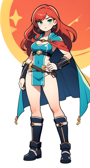 centered, full body, | red hair color, light green eyes, | girl in a superhero outfit, large sword, wears a long cape |