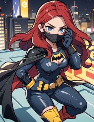 Batgirl, centered, (full black leather body suit, yellow bat symbol across the chest),  (black domino mask covers her upper face:1.2), a long black cape | (long red hair:1.5), light blue eyes, | on a rooftop at midnight, prepares to throw a Batarang, yellow utility belt, yellow gloves, and yellow boots