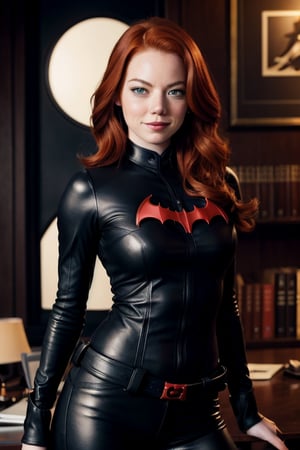 Redhead Emma Stone with smoky eyes, flawless likeness, as Barbara Gordon in her black Batwomanl all-leather outfit, bat symbol on her chest, in her father's office, looking badass, (Athletic well-proportioned body),(Ultra realistic), (Illustration), (High resolution), (8K), (Very detailed), (Best illustration), (Beautiful eyes), (Best quality), (Ultra detailed), (Masterpiece), (Detailed face), Solo,(Dynamic pose), 1 girl, big smile, perfect eyes, dark studio