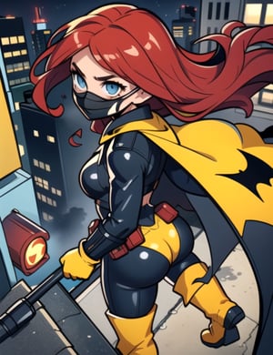 Batgirl, centered, (full black leather body suit, yellow bat symbol across the chest), from behind, looking up, (black domino mask covers her upper face:1.2), a long black cape | (long red hair:1.5), light blue eyes, | on a rooftop at midnight, prepares to throw a Batarang, yellow utility belt, (yellow gloves and yellow boots:1.2)