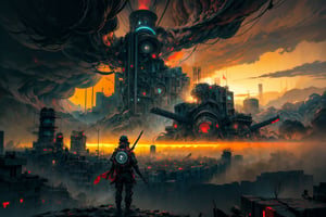 Title: "Dystopian Reverie: Glimpses of Tomorrow's Darkness"

Image Description:
In the haunting expanse of a dystopian future, a bleak and desolate landscape stretches as far as the eye can see. Towers of corroded metal and crumbling concrete dominate the horizon, casting long shadows over a once-thriving city now reduced to ruins. The skies above are a murky amalgamation of pollution and artificial haze, blotting out the sun and leaving the world shrouded in perpetual gloom.

Amidst the desolation, a lone figure stands, their silhouette silhouetted against the eerie backdrop of decay and destruction. The person's tattered clothing and weary stance tell a tale of resilience in the face of relentless adversity. A gas mask obscures their face, a stark reminder of the toxic environment they must navigate each day to survive.

Unmanned drones hover in the sky like vultures, perpetually surveilling the remnants of humanity below. Their cold, unfeeling lenses are a constant reminder of the loss of privacy and the ever-looming presence of a controlling authority.

In the foreground, sprawling wires and cables snake across the barren terrain, linking the remnants of technological infrastructure that once promised progress and prosperity. Now, they lie tangled and broken, symbolizing the shattered dreams of a civilization that pushed too far into the realm of unchecked advancement.

Among the ruins, holographic billboards flicker erratically, showcasing propaganda and consumerism that ring hollow in the face of the world's decay. The messages they bear are a stark contrast to the harsh reality endured by the few remaining inhabitants.

In the distance, darkened factories emit billowing clouds of smoke, further polluting the already toxic air. The industrial machinery, once seen as a symbol of progress, now stands as a grim testament to the price paid for unchecked exploitation of resources.

"Dystopian Reverie: Glimpses of Tomorrow's Darkness" is a haunting image that depicts a future where humanity's unchecked pursuit of power, technology, and greed has led to the downfall of society. It serves as a stark warning against the consequences of neglecting the well-being of the planet and its inhabitants. The image invites viewers to reflect on the fragility of our world and the urgency of making conscious choices to create a brighter, more sustainable future.

