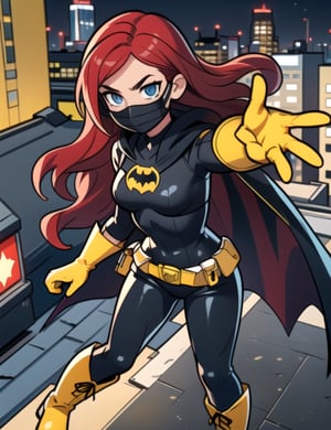 Batgirl, centered, (full black leather body suit, yellow bat symbol across the chest), from behind, looking up, (black domino mask covers her upper face:1.2), a long black cape | (long red hair:1.5), light blue eyes, | on a rooftop at midnight, prepares to throw a Batarang, yellow utility belt, (yellow gloves and yellow boots:1.2)