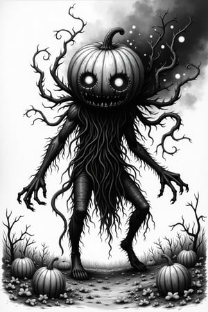 Eerie black and white illustration in the style of Junji Ito. A dark figure emerges out of a Pumpkin patch, draped with vines, leaves and roots from the grounds. It's head, an distorted pumpkin is oversized beyond being normal, so much that it defies logic. Eyes glow with thick streams of smoke rising out of them.
The creature's body is human-like but distorted, with impossibly long, spindly legs clad torn clothing. The torso is wrapped in a vines. A mass of writhing vine-like tentacles and eyes emerges from behind it's back.
The tentacles extend outward. Some tentacles end in additional eyes or mouths filled with sharp teeth.
Meticulous cross-hatching and intricate line work create depth and texture. Strong contrast between deep blacks and stark whites, with no gradients. The overall atmosphere is one of cosmic horror and the corruption of knowledge.