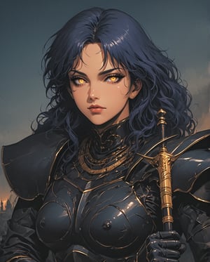 UPSCALED, far view shot, full character portrait, full character shot, watching to the camera, mature woman, wide hips, very tall, medium breast,muscular, skin colour white, black armored gloves, Chonky black armor chest plate, black armor boots, golden necklace, black sword, sword in hand,spending time outside of a dark castle, perfect digital art, glowing shadows, gloomy, ultra detailed photo, full detailed photo, depth of field, ultra focus, ultra sharped, ultra detailed, ultra detailed background, whole head, Perfect anatomy, yellow eyes, glowing eyes, sharp eyes, narrowed eyes, dark blue hair, wavy hair, nice hair, single braid. eyeliner and makeup, beautiful face, nice hands. 4HDK, isometrics details, octane render, high definition, approaching perfection, pure form, golden ratio, intricate details, stunning, iridescent and luminescent textures, breathtaking beauty, pure perfection, divine presence, unforgettable, impressive, 80's , retro, art style by Nobuteru Yuki