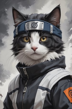 style. Oil Painting full size of a black and white cat wearing a naruto costume and looking to the side,