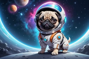  score_9, score_8_up, score_7_up, one cute dog, one dog, pug, thick outlined, in the style of a cartoon illustration, art style, cartoon style, real dog, clean gradient bckground, no collar,txznf, pug wearing a space suit