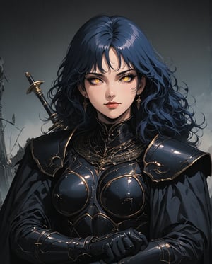 UPSCALED, far view shot, full character portrait, full character shot, watching to the camera, mature woman, wide hips, very tall, medium breast,muscular, skin colour white, black armored gloves, Chonky black armor chest plate, black armor boots, golden necklace, black sword, sword in hand,spending time outside of a dark castle, perfect digital art, glowing shadows, gloomy, ultra detailed photo, full detailed photo, depth of field, ultra focus, ultra sharped, ultra detailed, ultra detailed background, whole head, Perfect anatomy, yellow eyes, glowing eyes, sharp eyes, narrowed eyes, dark blue hair, wavy hair, nice hair, single braid. eyeliner and makeup, beautiful face, nice hands. 4HDK, isometrics details, octane render, high definition, approaching perfection, pure form, golden ratio, intricate details, stunning, iridescent and luminescent textures, breathtaking beauty, pure perfection, divine presence, unforgettable, impressive, 80's , retro, art style by Nobuteru Yuki