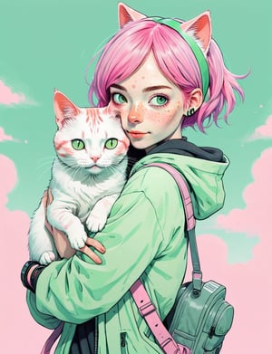 An illustration of a quirky girl with pink hair, in the style of Flat shading, Gemma Correll, with freckles and a cat on her shoulder, photo-manipulated, cyberpunk genre, pastel green --ar 48:85 --niji 5