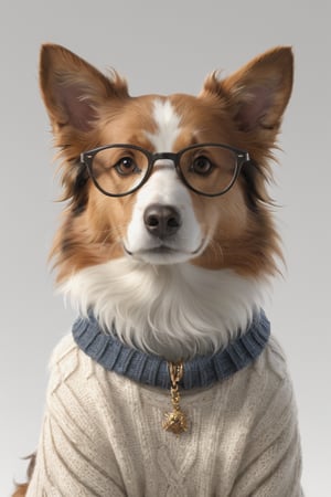AP,glasses,no humans,dog,collie,realistic,white background,simple background,sweater,solo,animal focus,necklace,jewelry,(turtleneck sweater:1.3),brown eyes,animal,looking at viewer,
