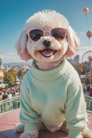 high angle view, selfie shot, anthropomorphic An Bichon Frise dog wearing light green and light pink sweater and pants, sunglasses, sky and Amusement park background, in the style of sun-soaked colors, street fashion, Casual costumes, anthropomorphic, realistic animal portraits, ultra wide shot, look up, long shot, bokeh, clean background trending, high detail ,hyper quality, high resolution

