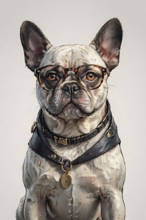 AP,glasses,no humans,dog, french bulldog ,realistic,white background,simple background,solo, animal focus,brown eyes,animal,looking at viewer, professional, studio shot, ,Manga style illustration
