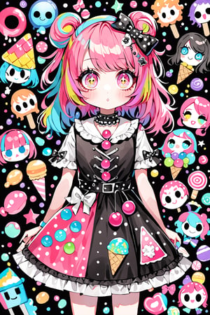children's doodle style,
Colorful pop art, candy pop, lollipop punk, brightly colored berry beans, emo pink lolita girl,big Eyes,A dress made of jelly and ice cream,
 maximalism design,emo,dal-6 style,Color Splash,dramaticwatercolor,aihoshinopose