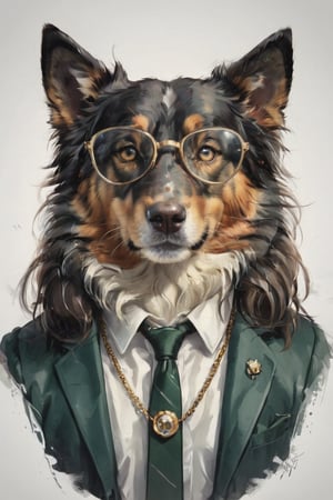 AP,glasses,no humans,dog,collie,realistic,white background,simple background,solo,dark green suit, animal focus,necklace,jewelry,brown eyes,animal,looking at viewer, , professional, studio shot, ,Manga style illustration
