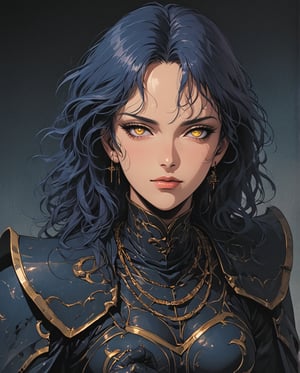 UPSCALED, far view shot, full character portrait, full character shot, watching to the camera, mature woman, wide hips, very tall, medium breast,muscular, skin colour white, black armored gloves, Chonky black armor chest plate, black armor boots, golden necklace, black sword, sword in hand,spending time outside of a dark castle, perfect digital art, glowing shadows, gloomy, ultra detailed photo, full detailed photo, depth of field, ultra focus, ultra sharped, ultra detailed, ultra detailed background, whole head, Perfect anatomy, yellow eyes, glowing eyes, sharp eyes, narrowed eyes, dark blue hair, wavy hair, nice hair, single braid. eyeliner and makeup, beautiful face, nice hands. 4HDK, isometrics details, octane render, high definition, approaching perfection, pure form, golden ratio, intricate details, stunning, iridescent and luminescent textures, breathtaking beauty, pure perfection, divine presence, unforgettable, impressive, 80's , retro, art style by Nobuteru Yuki