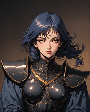 UPSCALED, far view shot, full character portrait, full character shot, watching to the camera, mature woman, wide hips, very tall, medium breast,muscular, skin colour white, black armored gloves, Chonky black armor chest plate, black armor boots, golden necklace, black sword, sword in hand,spending time outside of a dark castle, perfect digital art, glowing shadows, gloomy, ultra detailed photo, full detailed photo, depth of field, ultra focus, ultra sharped, ultra detailed, ultra detailed background, whole head, Perfect anatomy, yellow eyes, glowing eyes, sharp eyes, narrowed eyes, dark blue hair, wavy hair, nice hair, single braid. eyeliner and makeup, beautiful face, nice hands. 4HDK, isometrics details, octane render, high definition, approaching perfection, pure form, golden ratio, intricate details, stunning, iridescent and luminescent textures, breathtaking beauty, pure perfection, divine presence, unforgettable, impressive, 80's , retro, art style by Nobuteru Yuki