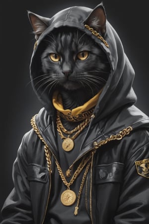 fashion photography, closeup portrait, hip-hop gang anthropomorphic black cat, wearing hoodie jacket, wearing a Durag, with bandana, using golden chain and necklace around his neck, looking cold and serious, set against the dark background, professional, studio shot, , 
