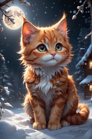 with a full moon casting an eerie glow, intricate snowflakes falling, Highly detailed, Digital painting, Concept art, Sharp focus, Illustration, art by magali villeneuve and greg rutkowski and jason engle, very cute tiny, ginger cat, cute, adorable, friendly, smile, rim lighting, adorable big eyes, small, By greg rutkowski, chibi, Perfect lighting, Sharp focus,

add_more_creative