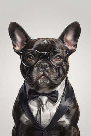 AP,glasses,no humans,dog, french bulldog ,realistic,white background,simple background,solo, animal focus,brown eyes,animal,looking at viewer, professional, studio shot, ,Manga style illustration
