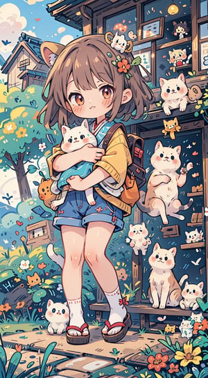((anime chibi style)), masterpiece, highly detailed, 16K, HD, cute with adorable eyes and Legs dangling on the porch of a house in the Japanese countryside, dynamic angle, depth of field,1girl,simplecats
