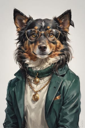 AP,glasses,no humans,dog,collie,realistic,white background,simple background,solo,dark green suit, animal focus,necklace,jewelry,(turtleneck sweater:1.3),brown eyes,animal,looking at viewer, , professional, studio shot, ,Manga style illustration
