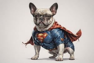 AP,glasses,no humans,dog, french bulldog wearing a superman costume,realistic,white background,simple background,solo, four legs, animal focus,brown eyes,animal,looking at viewer, professional, studio shot, ,Manga style illustration
