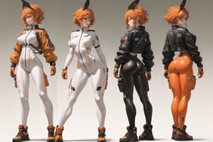 character characteristics, front profile and back, Lady, full body, short orange hair, Girl wearing white tech bodysuit, white sports leggings, tech harnesses, cargo straps, tech wear, jacket, military red pilot, plain background, no background, gradient background, 
