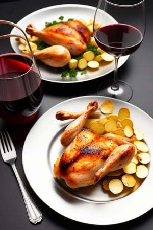 a roast chicken with potato chips on a silver plate. A nice glass of red wine by the side.