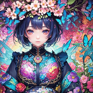 (masterpiece:1.1), (highest quality:1.1), (HDR:1.0), ambient light, ultra-high quality,( ultra detailed original illustration), (1girl, upper body), ((harajuku fashion)), ((flowers with human eyes, flower eyes)), double exposure, fusion of fluid abstract art, glitch, (original illustration composition), (fusion of limited color, maximalism artstyle, geometric artstyle, butterflies, junk art)