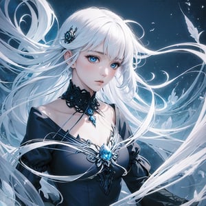 (abstract art:1.4), (style of yuko shimizu:1.2), (style of rebecca guay:0.6), (moonlight, soft light, soft glow:0.8), 1girl, white hair, flying hair, blue eyes, perfect skin, perfect face, (jewelry:1.1), gothic dress, hair ornament, night, dark theme, somber atmosphere
