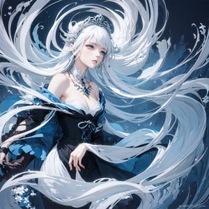 (abstract art:1.4), (style of yuko shimizu:1.2), (style of rebecca guay:0.6), (moonlight, soft light, soft glow:0.8), 1girl, white hair, flying hair, blue eyes, perfect skin, perfect face, (jewelry:1.1), gothic dress, hair ornament, night, dark theme, somber atmosphere
