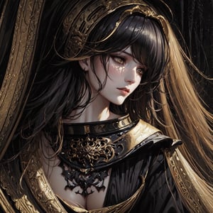 (style of rebecca guay:1.4), (abstract art:1.2), (impressionism:0.4), dark art, (dark theme:1.15), gothic horror, somber atmosphere, 1girl, (black armor:1.1), black hair, pale skin, golden eyes, necromancer aesthetic, dark fantasy, best quality, beautiful, masterpiece, extremely detailed
