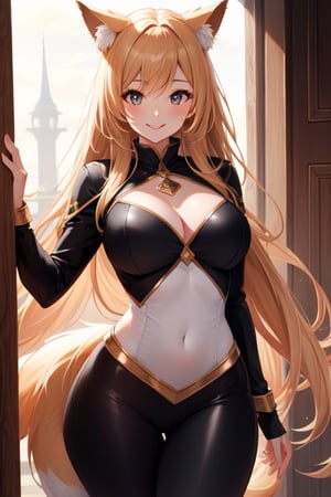 masterpiece, full details, best quality, HD, 8k, bright eyes, hourglass figure, smiling, foxgirl