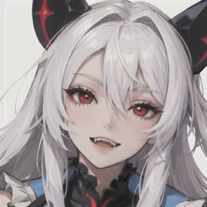 looking at viewer, smile, long hair, simple background, red eyes, white hair, frills, blue, fangs, colored sclera, portrait, close-up, eye_focus, sexy