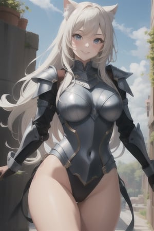 masterpiece, full details, best quality, HD, 8k, bright eyes, hourglass figure, smiling, catgirl, armor suite