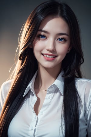 photorealistic, masterpiece, best quality, raw photo, 1girl, long hair, blue eyes, detailed eyes and face, medium breast, white shirt, dynamic lighting, in the dark, deep shadow, low key, hourglass_figure, HD, 8k, smile, fangs, sexy