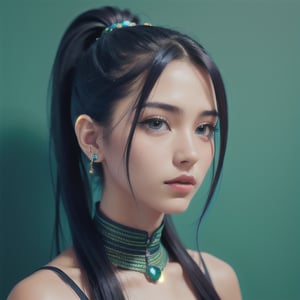 Protrait, photograph, androgynous hunnuman, oval jaw, delicate features, beautiful face, dreadlocked hair, long bangs, long ponytail, bright blue-green eyes, hindu art, Korean, sexy