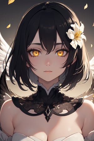  Endsinger, (masterpiece, best quality, ultra-detailed, highres), perfect face, sidelighting, lustrous skin,(bloom), (shine), lighting, ray tracing, sci-fi,1girl, solo, black hair, black lips, looking at viewer, wings, head wings, yellow eyes, long hair, colored skin, upper body, closed mouth, feathered wings, glowing eyes, glowing, bangs, colored sclera, depth_of_field,very detailed background, highly detailed background, Masterpiece, Ultra detailed, great composition,Dynamic angle,extremely delicate and beautiful,(Highest picture quality), (Master's work),   depth of field, solo, extreme light and shadow, masterpiece, rich in detail, (fine features), (highest quality), (masterpiece), (detailed eyes), (beautiful) detailed,beautiful detailed eyes,(straight-on), upper body, cyberpunk:1, flower petals falling, (extremely detailed CG unity 8k wallpaper),(masterpiece), (best quality), (ultra-detailed), (best illustration),(best shadow),perfect lighting , perfect anatomy , vivid colors,  (masterpiece),